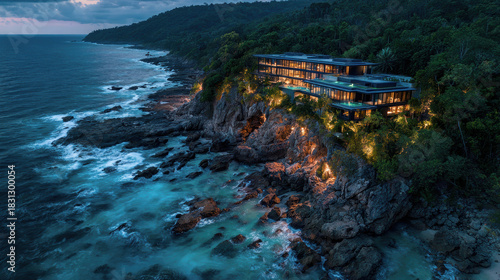 Stunning beach house on cliff at dusk with ocean views, modern mansion or villa by sea and forest