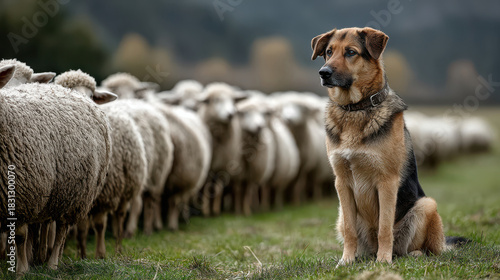 Alert german shepherd dog guarding sheep in peaceful pasture field, farm life scene