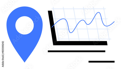 Blue location pin and line graph on grid showcasing data analysis, movement trends, and statistics. Ideal for navigation, analytics, business growth, performance tracking, insights, reporting simple