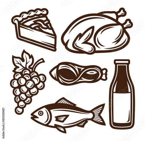 Classic food icons including chicken pie grapes sausage fish and a bottle for restaurant graphics