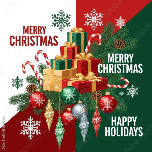 Festive christmas arrangement with gifts, ornaments, and greetings for a holiday cheer
