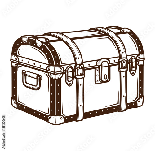Detailed illustration of an antique wooden chest featuring buckles straps and vintage design