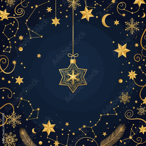 Elegant celestial christmas: golden stars, snowflakes, and constellations on a dark blue backdrop