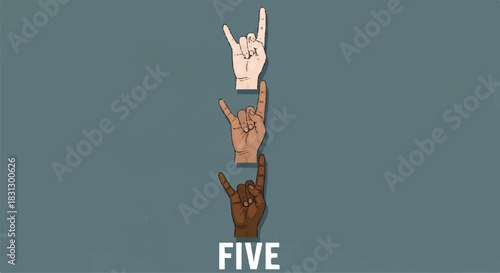 Three hands forming the sign for five in American Sign Language.