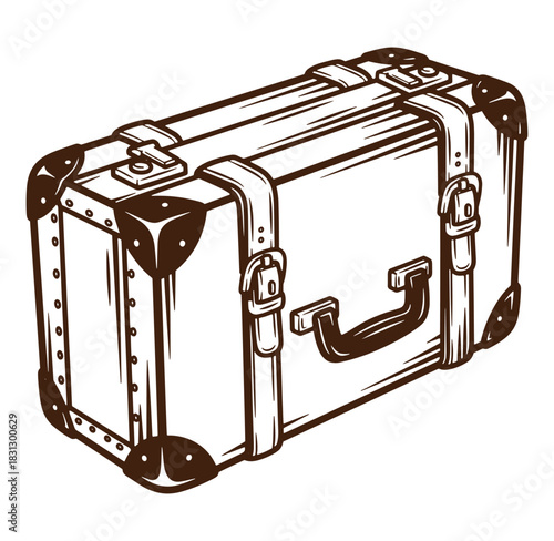 Detailed vintage travel suitcase vector illustration in brown and white isolated on white background