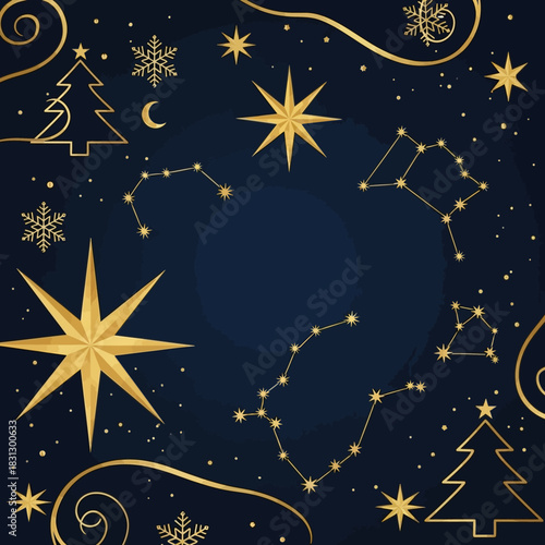 Celestial golden constellations with christmas elements in navy blue background, magic night