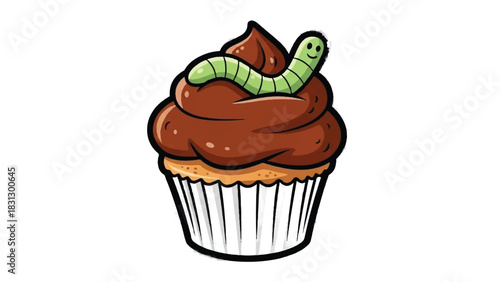 Chocolate cupcake with a gummy worm on top illustration.