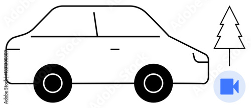 Black car outline near pine tree with camera icon. Ideal for eco-friendly transport, road safety, vehicle recording, car technology, nature coexistence, environment protection, simple flat metaphor