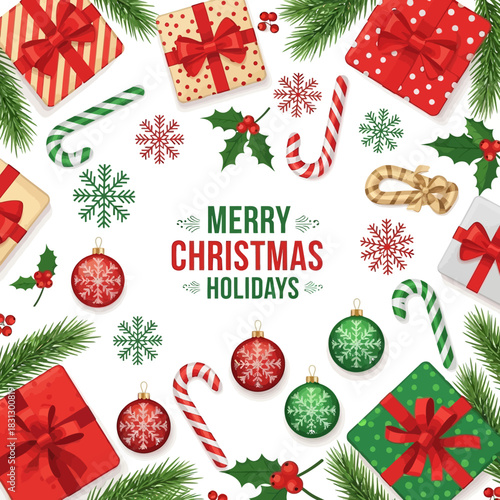 Festive holiday arrangement of gifts, ornaments and greenery creating a celebratory ambiance