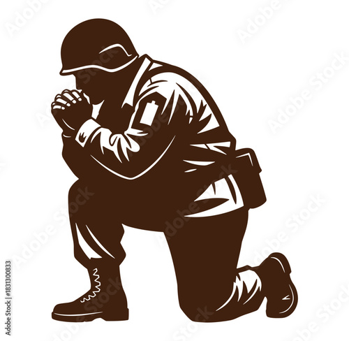 Silhouette of a kneeling soldier praying represents remembrance and honor for military veterans