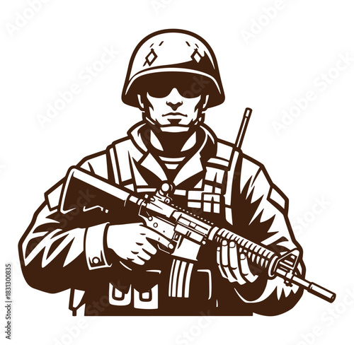 Silhouette illustration of a soldier armed with a rifle ready for duty and combat