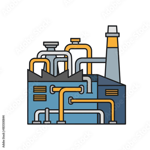Industrial factory building with pipes and smokestack illustration.