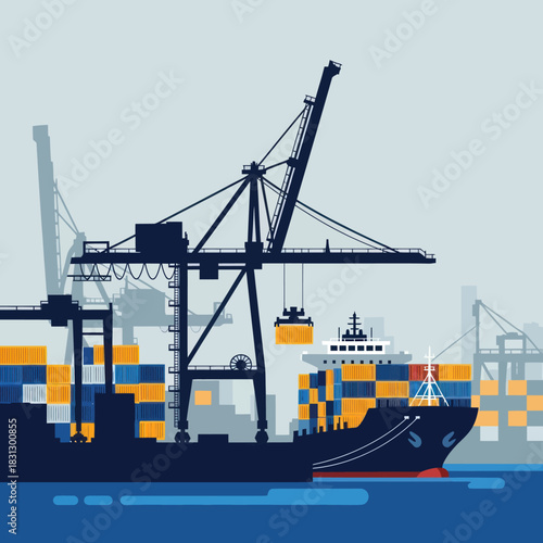 Cargo ship being loaded at a busy port terminal.