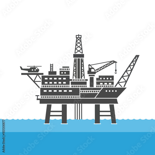 Offshore Oil Rig Platform with Helicopter and Crane Illustration.