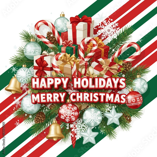 Festive celebration with presents, ornaments and joyful holiday greetings invitation