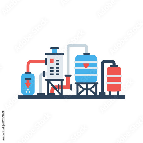 Industrial water treatment plant with tanks and pipes.