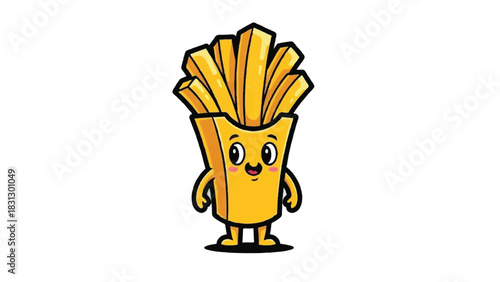 Cute French Fries Character with Happy Face and Arms.