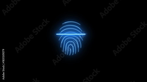 Glowing blue neon fingerprint scanning animation icon. Biometric security verification. Digital data access system. 4K futuristic tech motion graphic.