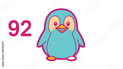Cute cartoon penguin with the number 92 next to it, a cheerful illustration.