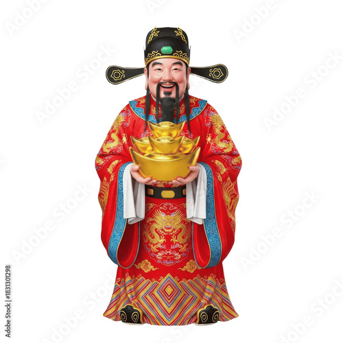 Chinese God of Wealth Caishen Holding Gold Ingots in Red Traditional Robe PNG Oil Paint