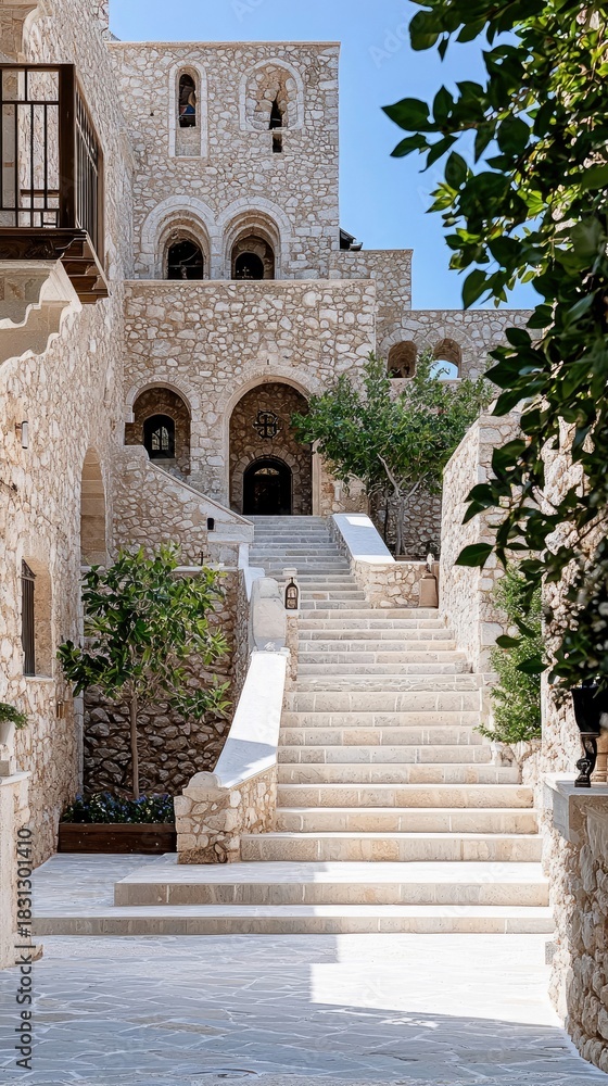 Obraz premium Exterior view of a stone building with a staircase leading up to arched doorways. The scene is bathed in daylight, with greenery adding to the ambiance.