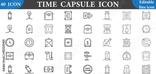 Time capsule icons in line art style layout