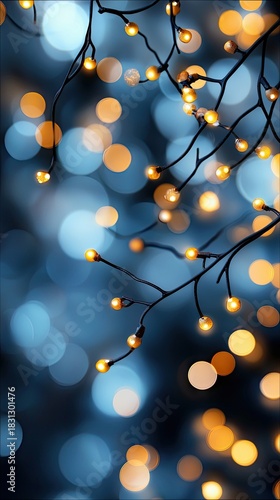 Close-up of string lights on branches with a blurred bokeh background. The image evokes a festive and dreamy atmosphere.