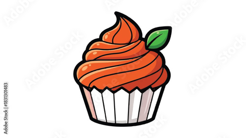 Delicious Orange Frosting Cupcake with Green Leaf Decoration.
