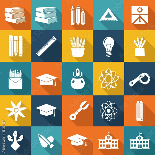 Modern Flat Design Icons for School Learning and Science.