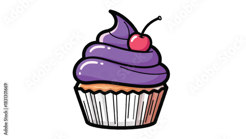 Delicious Cupcake with Swirled Purple Frosting and Cherry Topping.