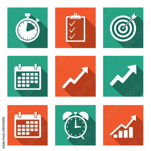 Set of business and productivity icons with long shadows, including stopwatch, checklist, target, calendar, and growth charts.