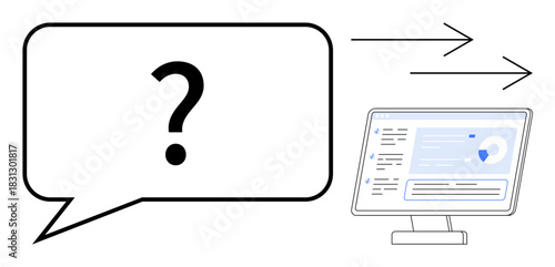 Question mark in chat bubble with arrows pointing to a computer screen displaying a digital dashboard. Ideal for communication, problem-solving, technology, customer support, data analysis, teamwork