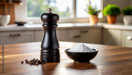 Black pepper mill with peppercorns and salt in bowl on wooden table
