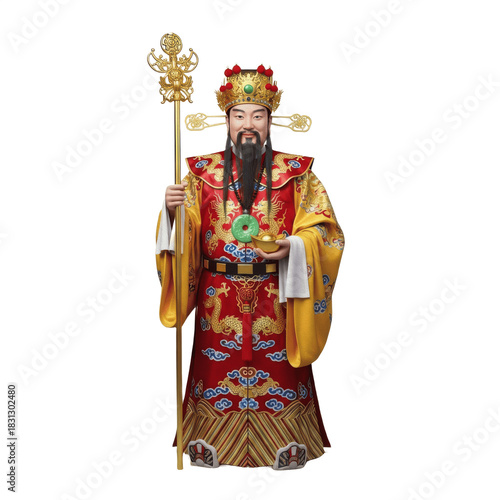 Chinese Emperor Deity PNG Oil Paint Effect - Royal Ruler with Golden Staff and Traditional Robe