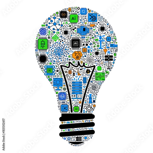 Technological Innovation and Ideas Represented by a Lightbulb Collage.