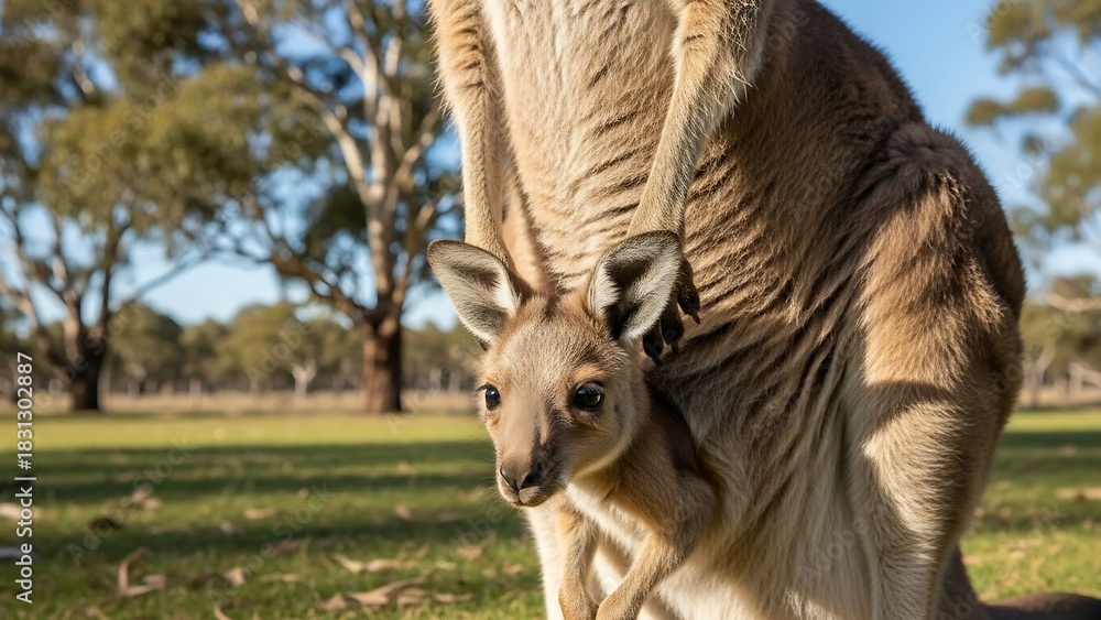 Fototapeta premium Kangaroo with Joey in Pouch Grazing in Australian Outback.