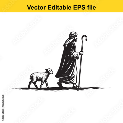 Black and white vector illustration of a biblical shepherd leading a single sheep with a crook staff, isolated on white background