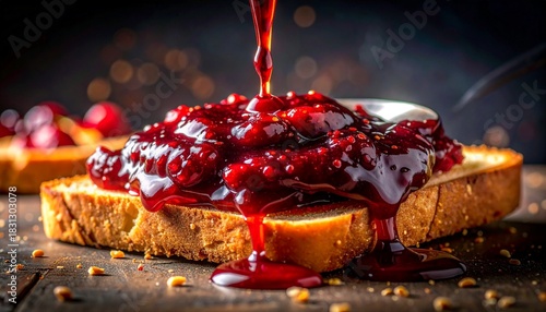 Jam being poured onto toast on a wooden surface