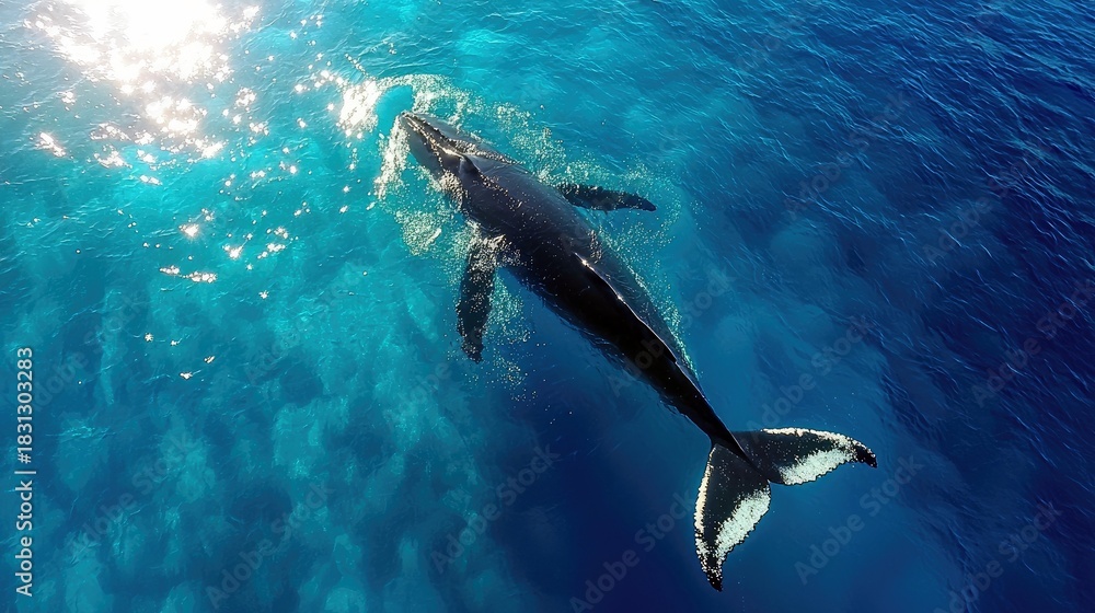 Fototapeta premium An aerial view of a whale swimming in the ocean on a sunny day. The whale's tail is visible above the water.