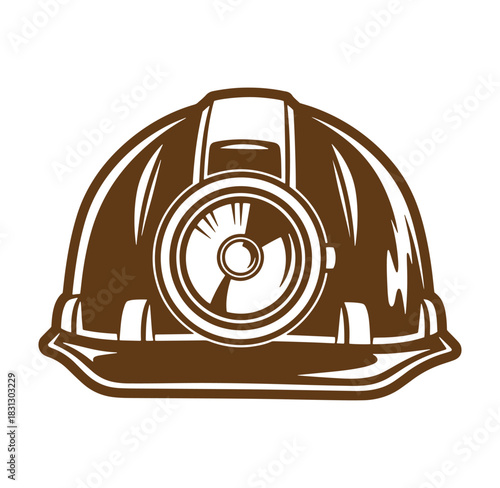 Brown hard hat vector illustration with integrated headlamp for industrial safety and construction