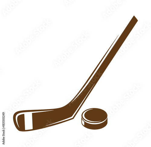 Brown hockey stick and puck illustration isolated on white background for sports theme
