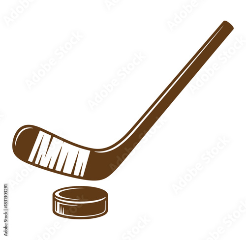 Brown hockey stick and puck isolated on white background for sports and competitions
