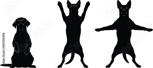 Black Silhouette Flat Vector Illustration of a Dog Demonstrating Three Obedience Training Poses, Including Begging, Standing Tall, and Spreading Paws Wide.