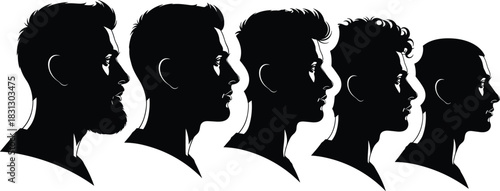 Black silhouette vector set of five diverse young men's head profiles and hairstyles, representing fashion, identity, masculinity, modern grooming, and a variety of generations or styles.