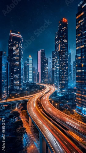 Futuristic city at night with illuminated skyscrapers and elevated highway in vibrant urban landscape. Seamless looping time-lapse animation video background