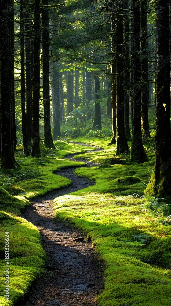 Obraz premium A scenic view of a winding path through a lush green forest, illuminated by sunlight filtering through the trees.