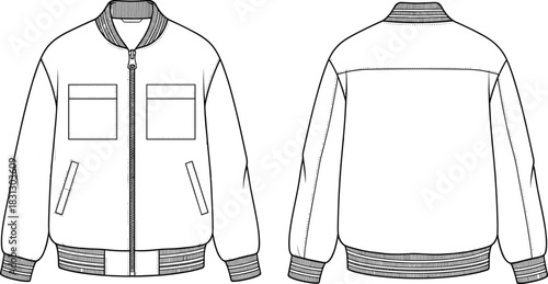 Bomber Jacket Fashion Flat CAD Drawing Vector Illustration, Showing Front and Back Views with Zipper, Pockets, and Ribbed Trims.