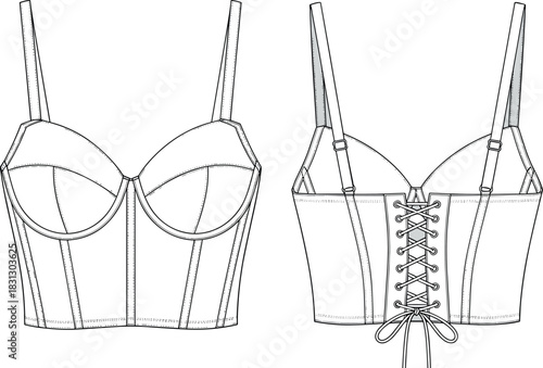 Corset Bustier Top CAD Drawing Flat Vector Illustration, Showing Front View with Seams and Back View with Lace-Up Detail.