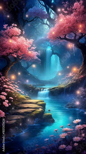 Glowing waterfall with cherry blossoms and magical lights in serene fantasy forest stream scene. Seamless looping time-lapse animation video background