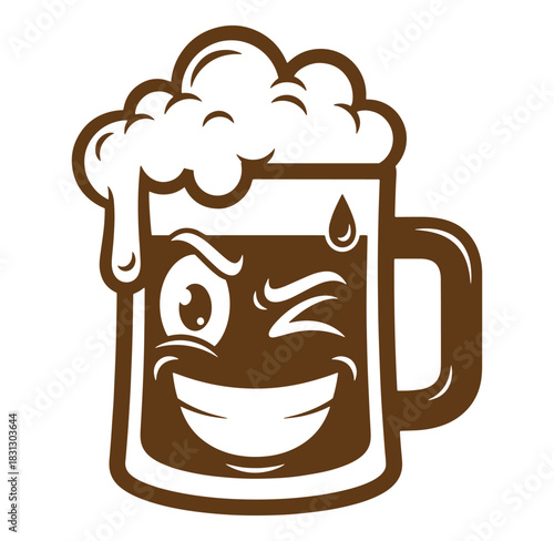 Cheerful brown beer mug mascot with winking eye and smiling face on white background